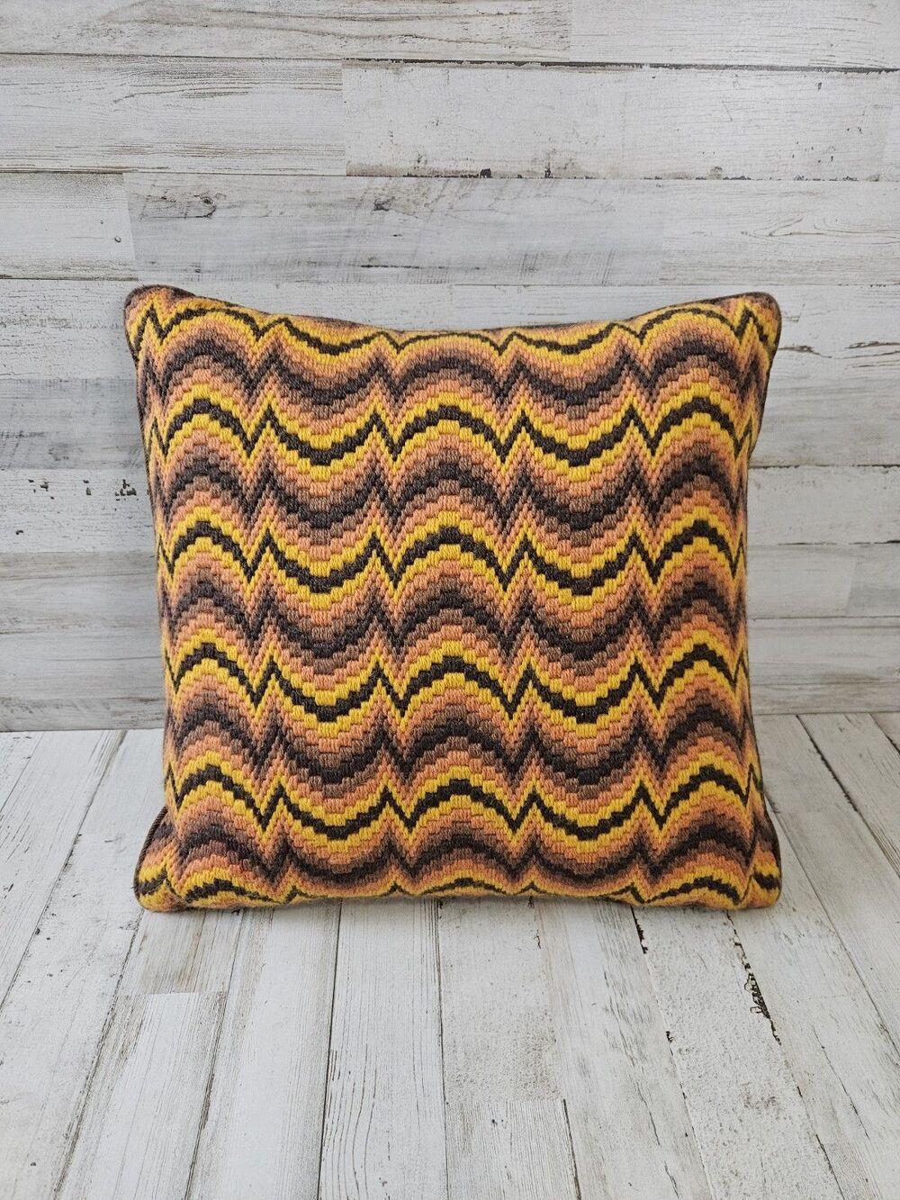 Vintage Embroidered Brown Yellow Orange Pattern Pillow Retro Groovy 14 X 14"